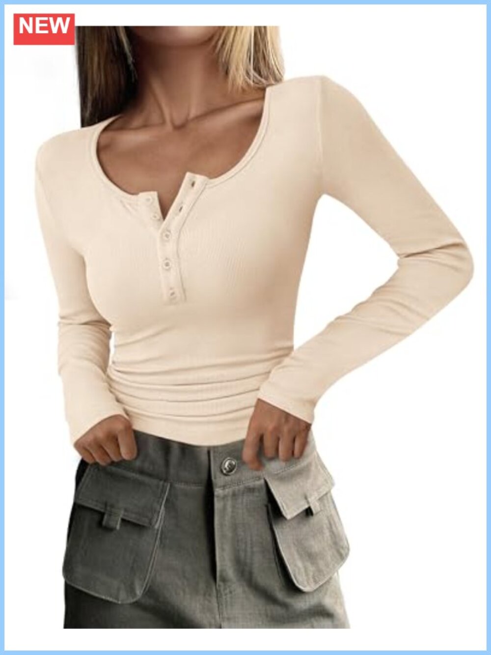 Long Sleeve Henley T-Shirt for Women Slim Fit Ribbed Knit Button Front Fall Top
